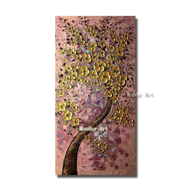 Large best Hand painted thick Knife Flower Oil Paintings  3D golden tree oil Paintings Wall pictures on Canvas for living Room