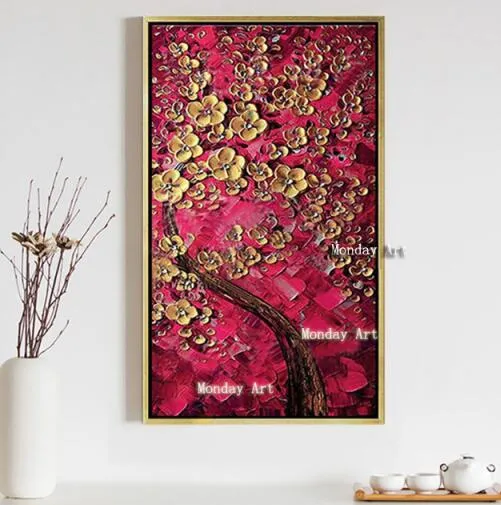 Large best Hand painted thick Knife Flower Oil Paintings  3D golden tree oil Paintings Wall pictures on Canvas for living Room