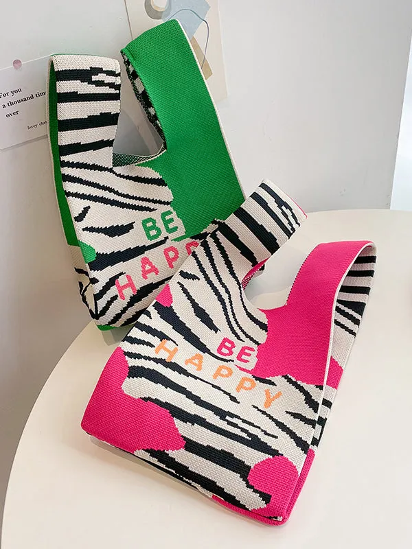 Letter Print Zebra-Stripe Bags Woven Handbag