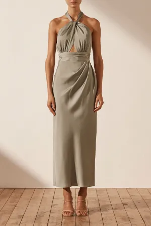 LUXE GATHERED HALTER MIDI DRESS - EUCALYPTUS