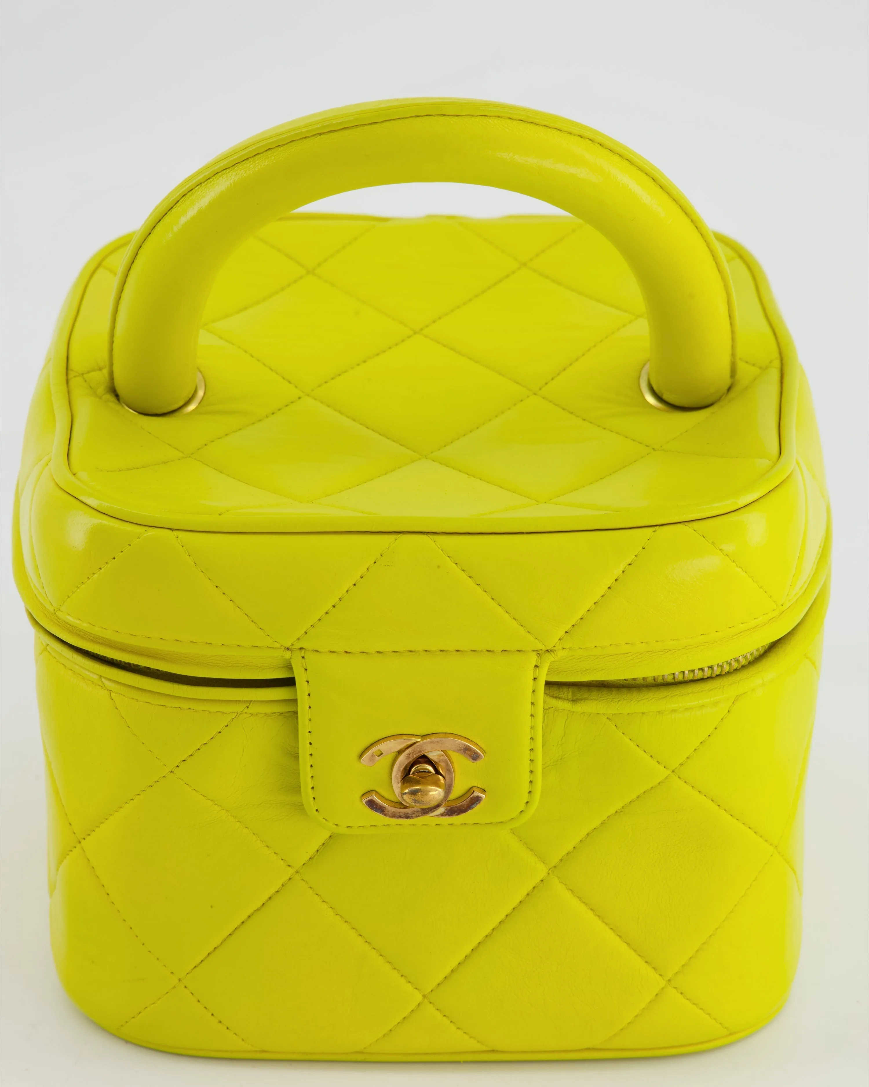 *ORIGINAL 90'S VINTAGE* Chanel Yellow Vintage Top Handle Vanity Bag in Lambskin Leather with 24k Gold Hardware