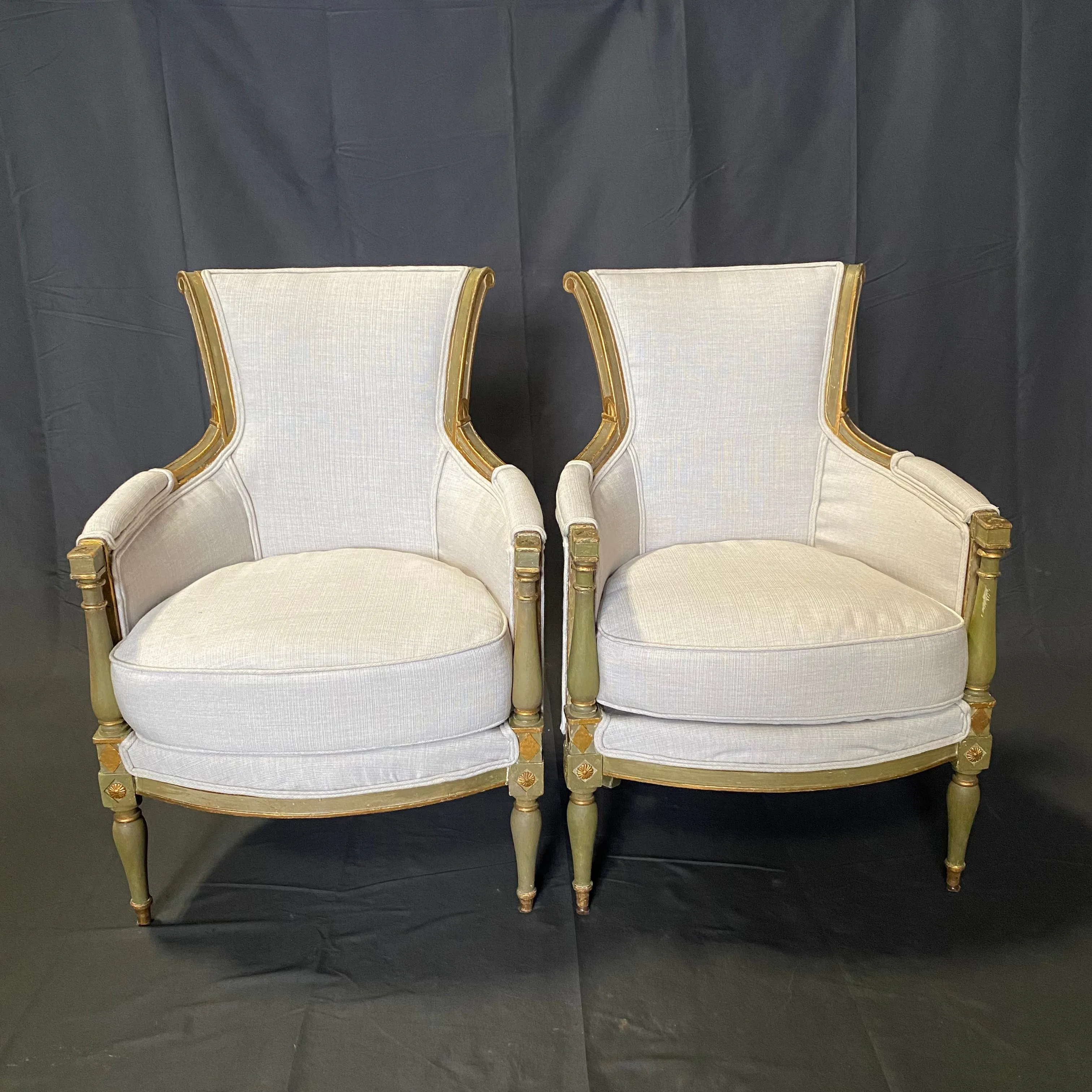 Pair of Period French Early 19th Century Painted Neoclassical Armchairs or Bergeres