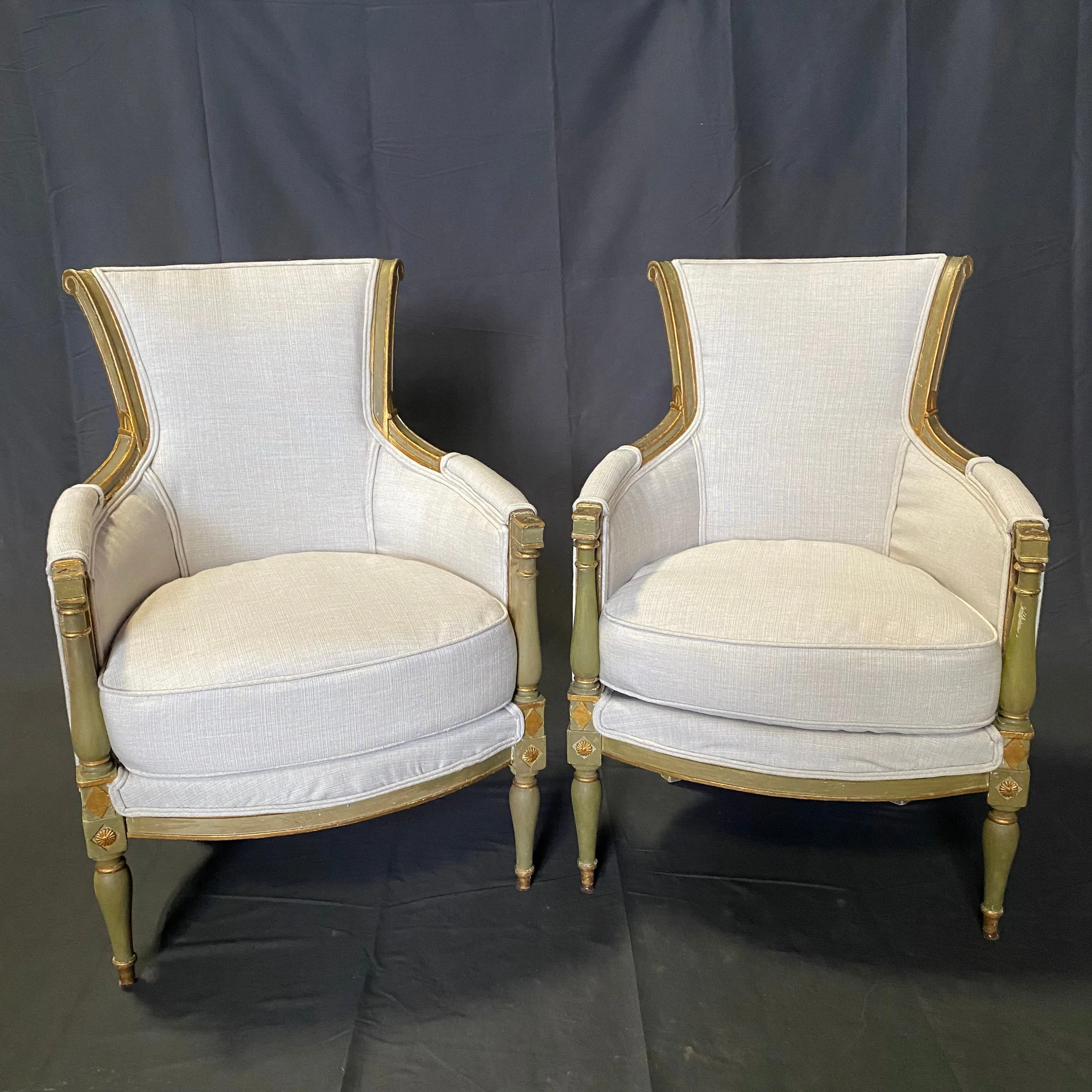 Pair of Period French Early 19th Century Painted Neoclassical Armchairs or Bergeres