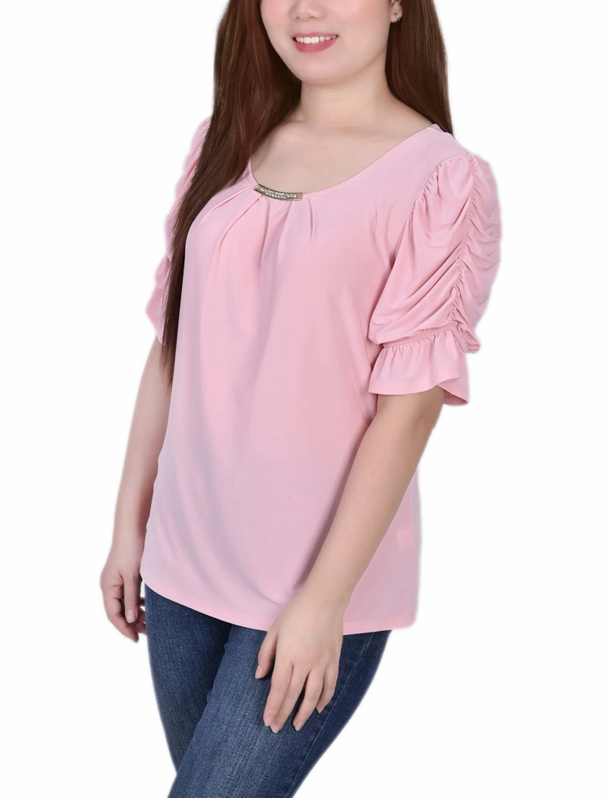 Petite Elbow Cuffed Sleeve Hardware Top