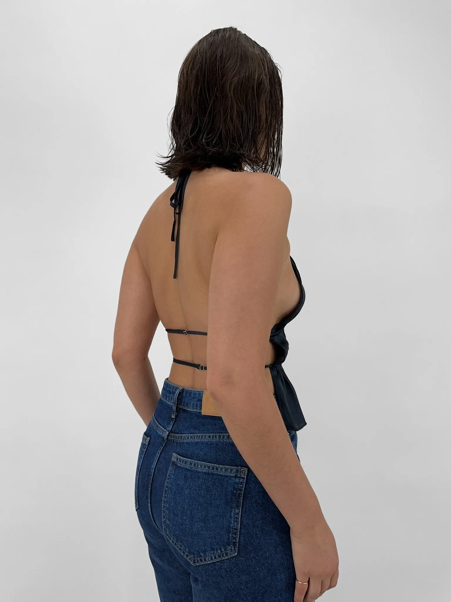 Ruched Open Back Satin Halter