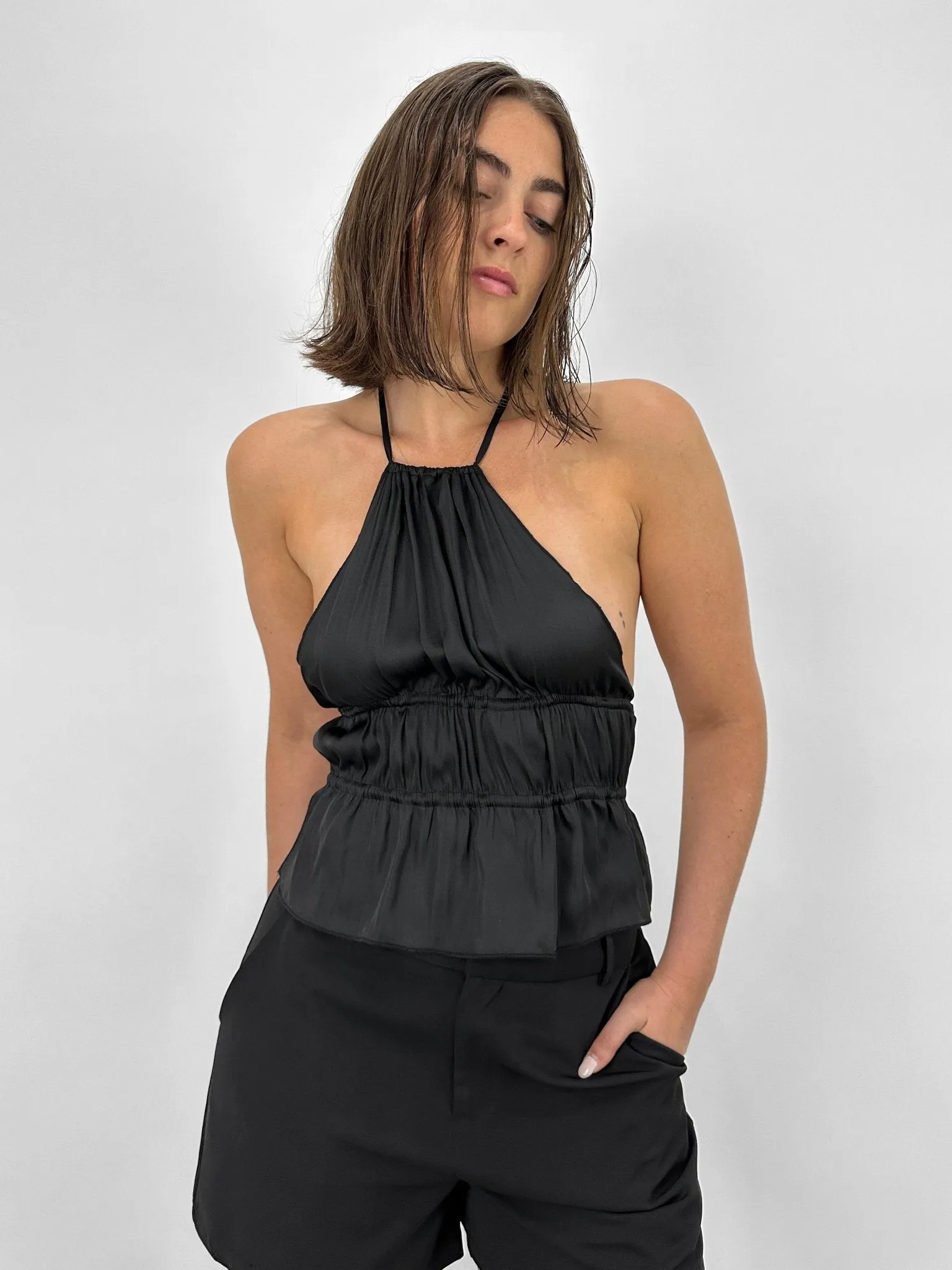 Ruched Open Back Satin Halter