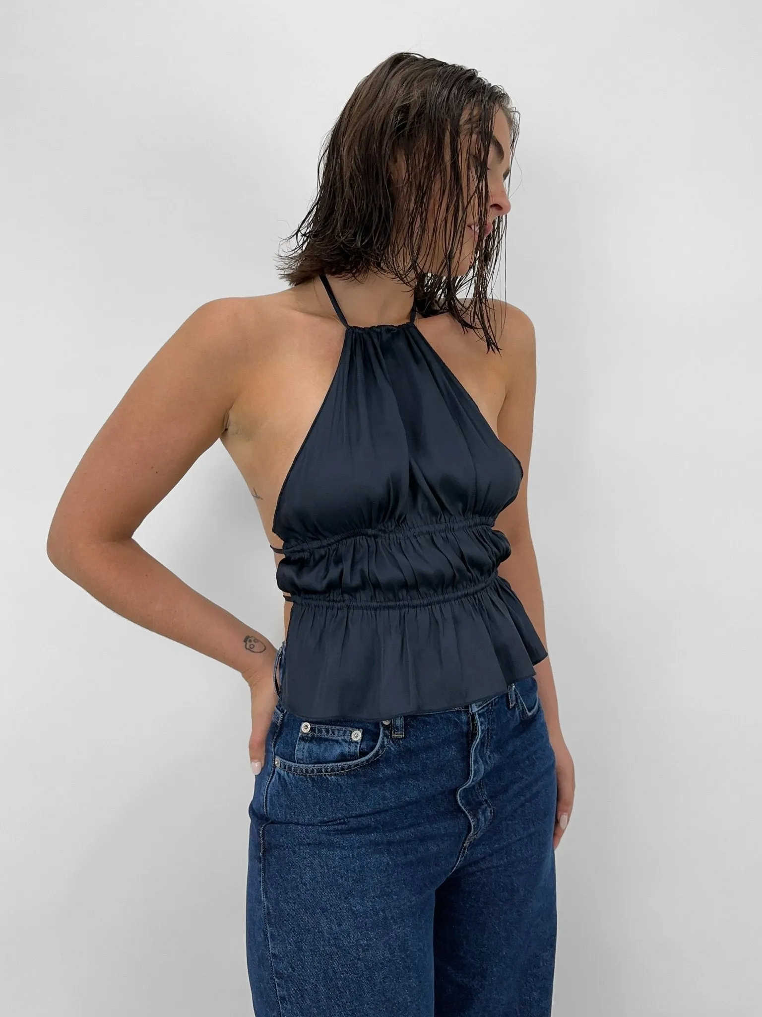 Ruched Open Back Satin Halter