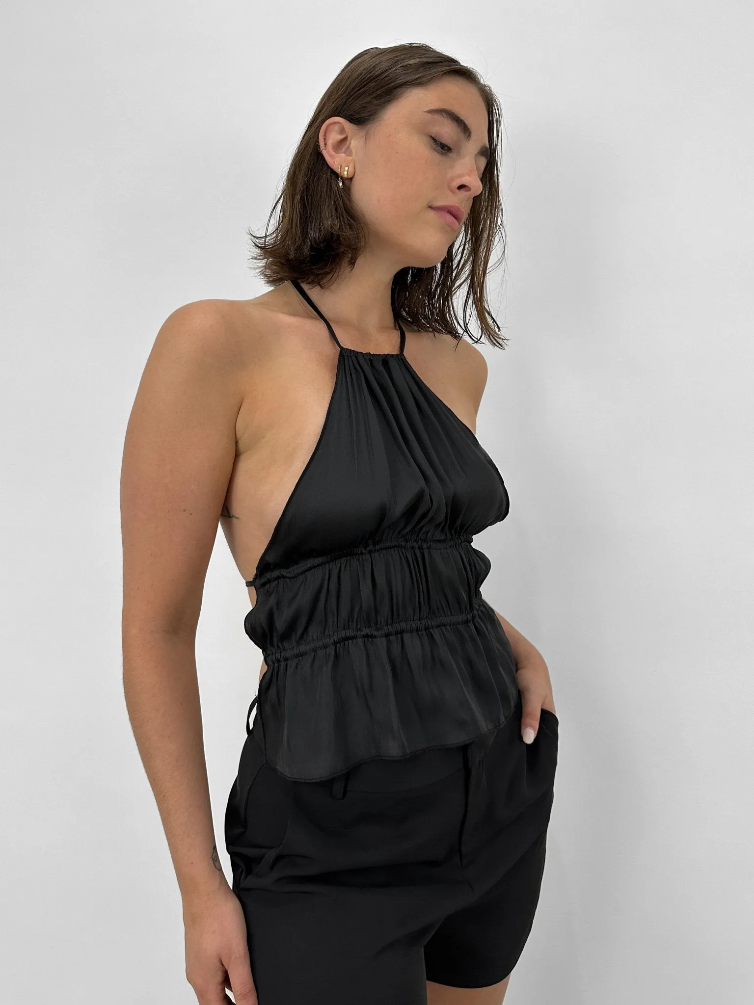 Ruched Open Back Satin Halter