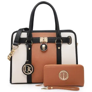 Two Tone Satchel Top Handle Bags Work Tote with Matching Wallet l Dasein