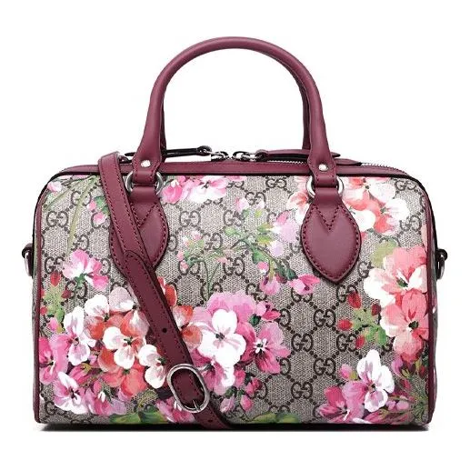 (WMNS) GUCCI GG Blooms Logo Printing Canvas Boston Small Ebony / Pink / Wine Red Handbag 409529-KU2IN-8693