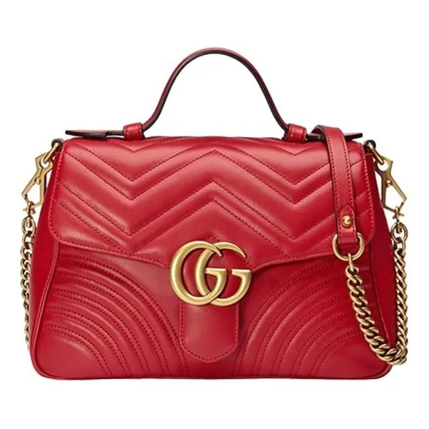 (WMNS) GUCCI GG Marmont Gold Logo Distress Leather Chain handbag Small Red Classic 498110-DTDIT-6433