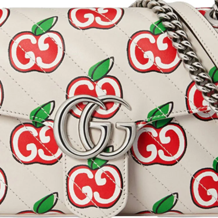 (WMNS) GUCCI GG Marmont Silver Logo Apple Pattern Leather Chain Shoulder Messenger Bag Small White / Red Valentine's Day limited 443497-1W9AN-9086