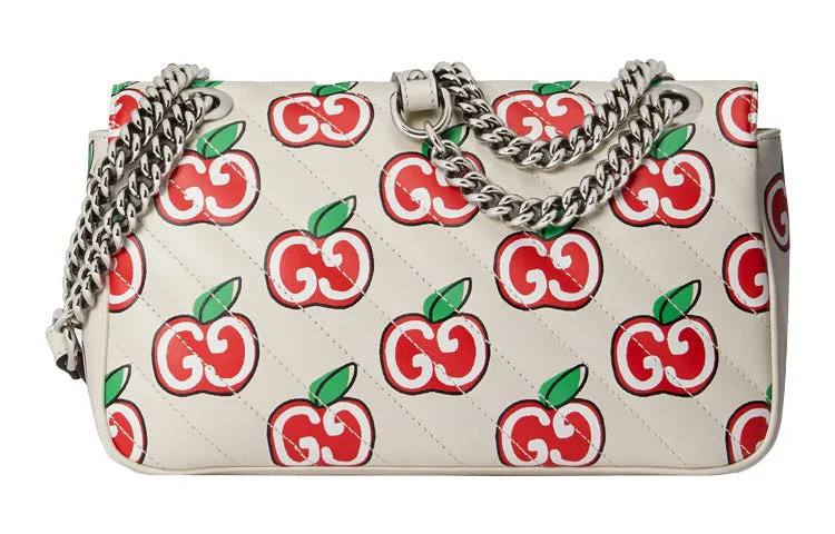 (WMNS) GUCCI GG Marmont Silver Logo Apple Pattern Leather Chain Shoulder Messenger Bag Small White / Red Valentine's Day limited 443497-1W9AN-9086