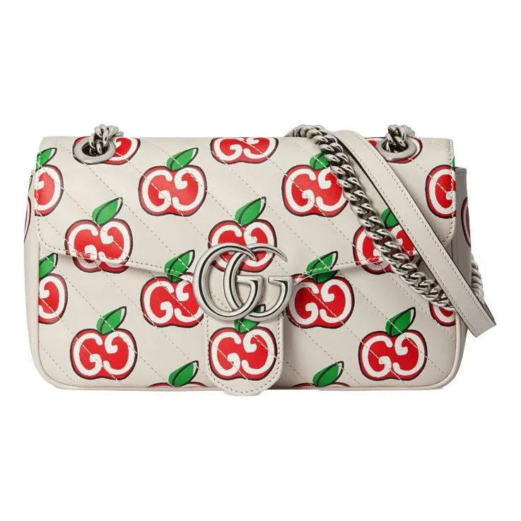 (WMNS) GUCCI GG Marmont Silver Logo Apple Pattern Leather Chain Shoulder Messenger Bag Small White / Red Valentine's Day limited 443497-1W9AN-9086