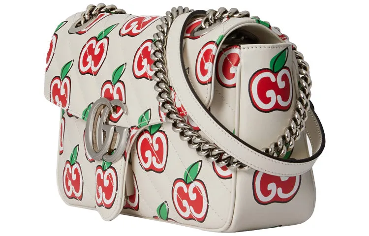 (WMNS) GUCCI GG Marmont Silver Logo Apple Pattern Leather Chain Shoulder Messenger Bag Small White / Red Valentine's Day limited 443497-1W9AN-9086