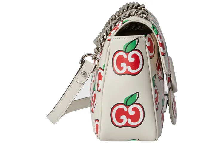 (WMNS) GUCCI GG Marmont Silver Logo Apple Pattern Leather Chain Shoulder Messenger Bag Small White / Red Valentine's Day limited 443497-1W9AN-9086