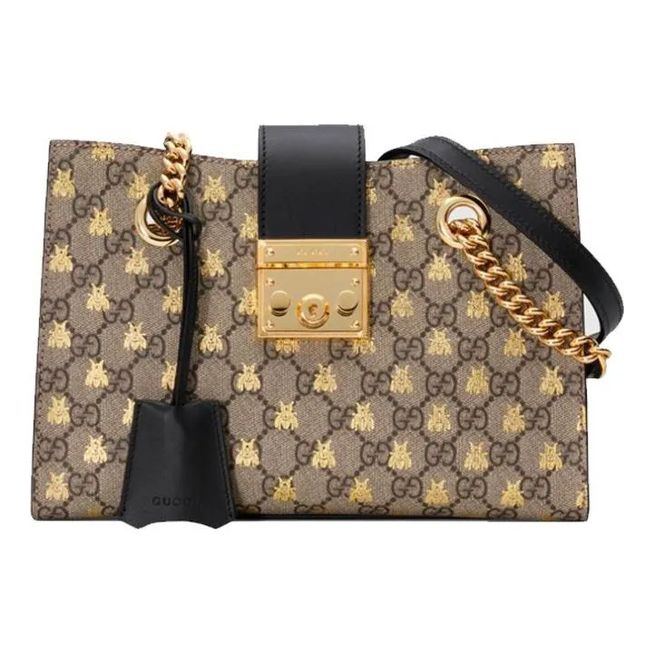 (WMNS) GUCCI Padlock Metallic Bee Printing Logo Canvas Chain handbag Small / Black Classic 498156-9F26G-8319